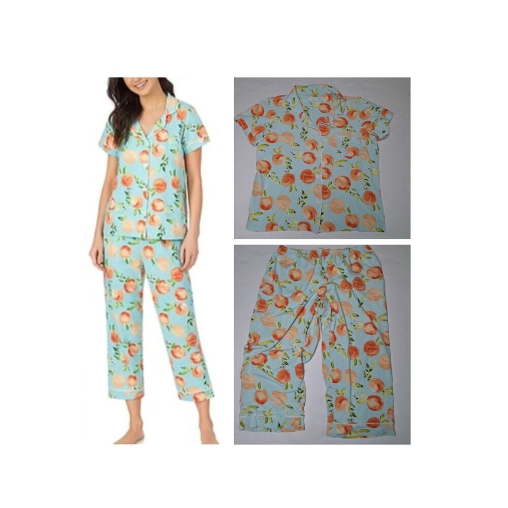 Bed Head Pajama Set 2PC Blue Peaches Print Women L Organic Cotton Sleepwear